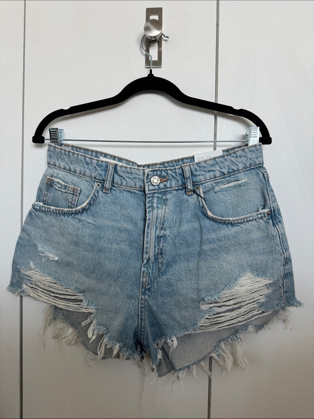 Zara High-Rise Light Blue Distressed Denim Shorts